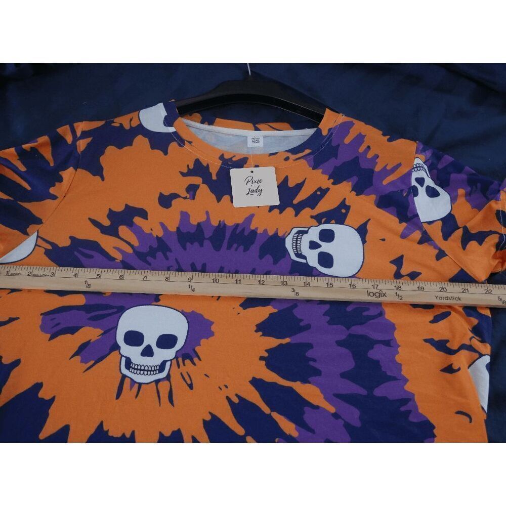 Women's Skull Print Tie-die Orange & Purple T-Shirt Size L - Picture 3 of 7